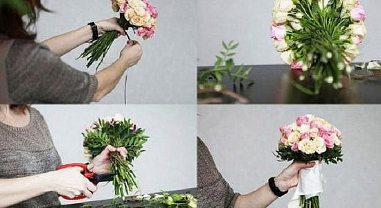 Этапы сборки букета на фотографии поэтапно