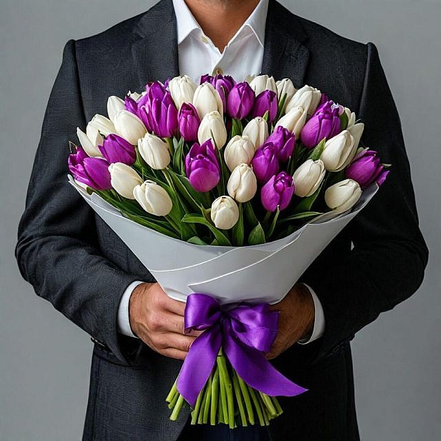51 тюльпан белые и фиолетовые