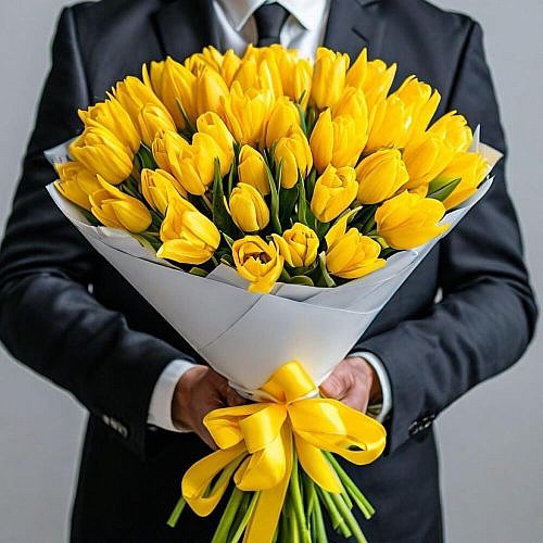 51 желтый тюльпан в руках